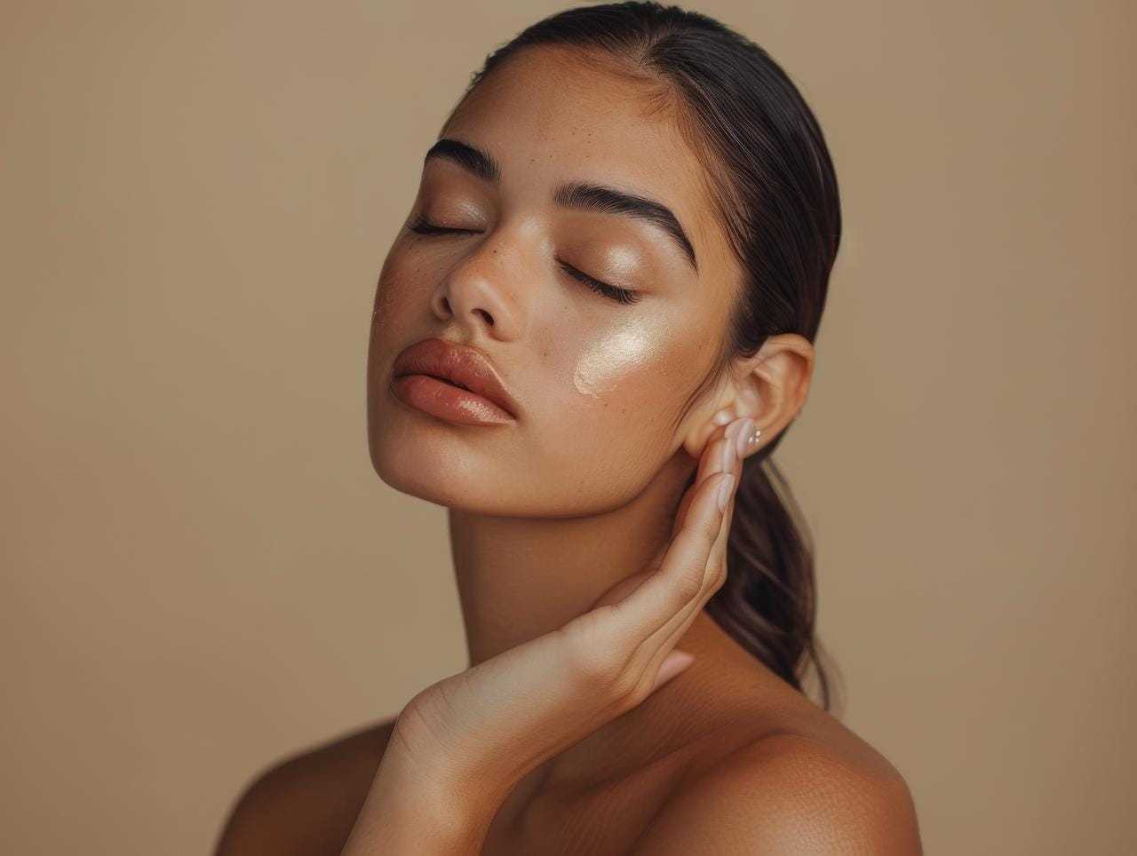 Woman with closed eyes showing smooth, glowing skin on a neutral background.